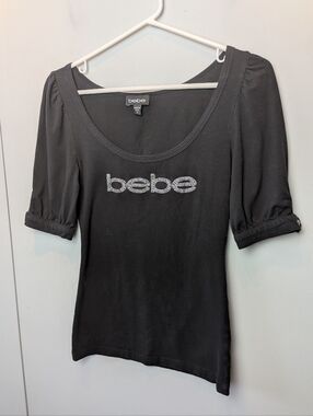 Y2K Vintage BEBE Top Shirt Women Size Small Black Puffy Sleeves Made In USA